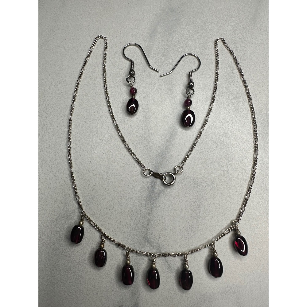 Sterling Silver Garnet Burgundy Bead Necklace and Earring Jewelry Set 925 Figaro